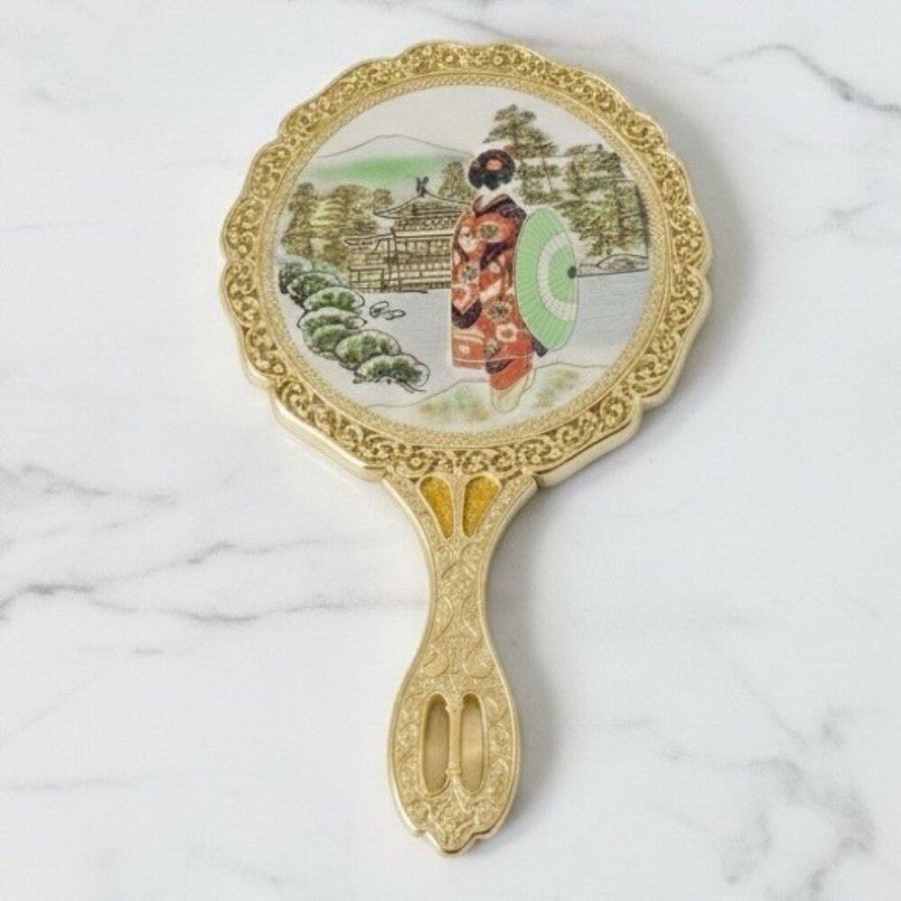 Migita Co 24k Gold Plated Handheld Mirror Japanese Geisha Temple Scenic